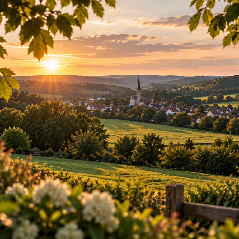 Blick über Ortschaft und Hügellandschaft im Abendlicht