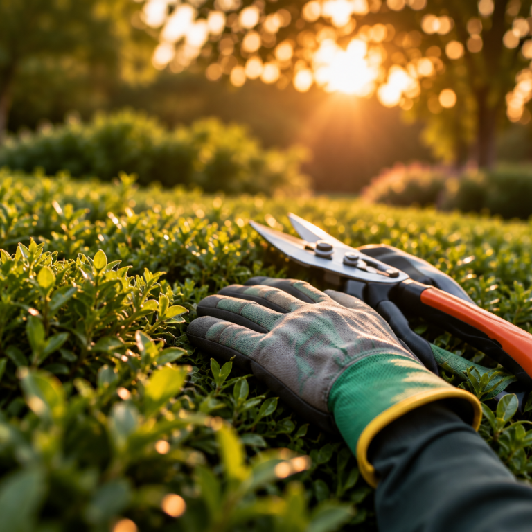 Gartenschere und Arbeitshandschuh im Beet