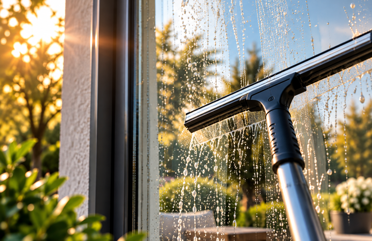 Fensterreinigung mit Abzieher an einer Glasscheibe