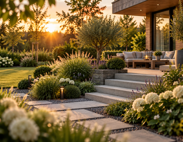 Gepflegter Garten mit Treppe und Beeten im Abendlicht