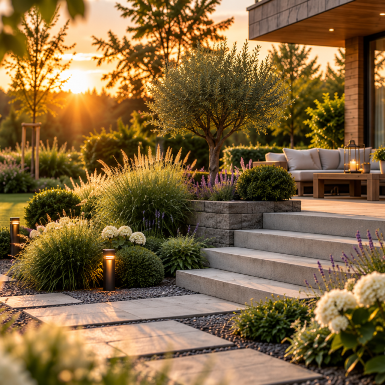 Gepflegter Garten mit Terrasse und Stufen vor einem Wohnhaus