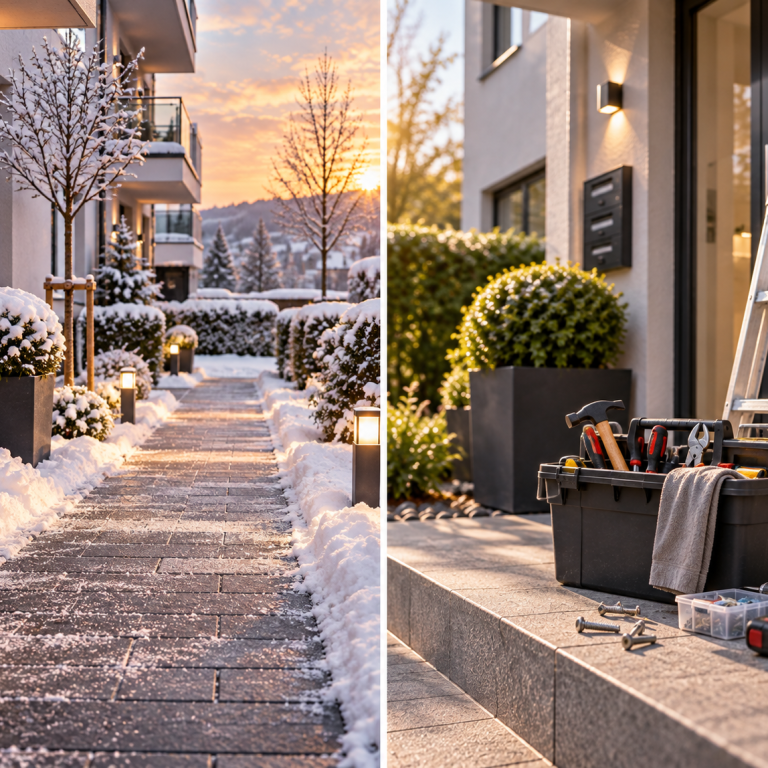 Geräumter und gestreuter Gehweg vor Wohnhäusern im Winter
