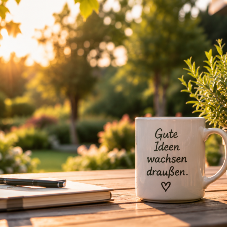 Tasse mit Spruch und Notizbuch auf einem Gartentisch im Abendlicht